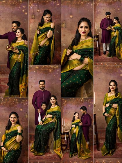 A collage showcasing the variety of poses and moments from a traditional Diwali-themed maternity shoot in a green and gold saree.