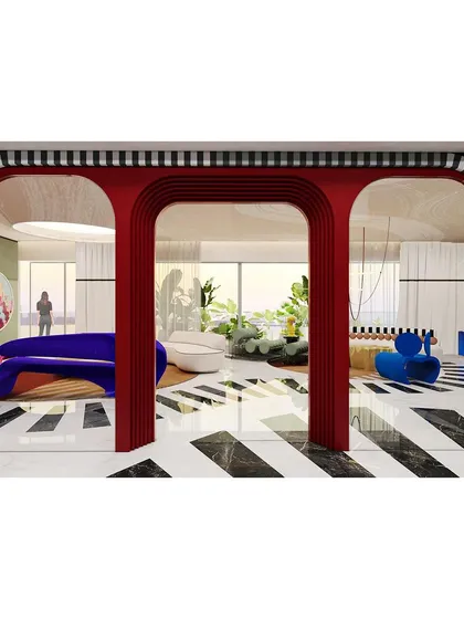 A full view of the triple archway, a bold architectural statement that divides and connects the different zones of the apartment.
