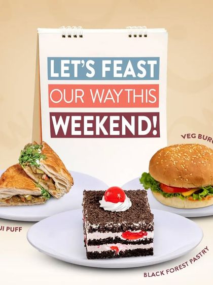 Our weekend feast is ready for you. Choose from our Aloo Bhaji Puff, a classic Black Forest Pastry, or a hearty Veg Burger to make your weekend delicious.
