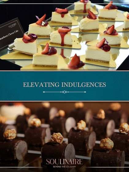 A collage of elevating indulgences, from classic strawberry cheesecake slices to rich chocolate logs topped with caramel popcorn. Our desserts are designed to be both visually stunning and delicious.