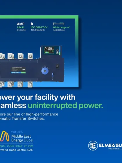 A square-format graphic for the Middle East Energy expo, emphasizing our ATS line's ability to deliver seamless, uninterrupted power. It details the inbuilt controller and compliance with TSE standards.