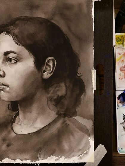 Another angle of the monochrome portrait in progress, showing the setup with my camera for online teaching.