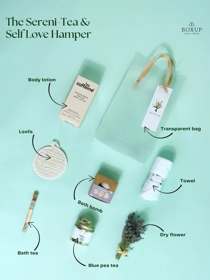 The 'Sereni-Tea & Self-Love Hamper' is designed for relaxation and rejuvenation. It includes blue pea tea, a bath bomb, body lotion, and other spa essentials.