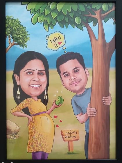 A fun and heartwarming caricature for an expecting couple, celebrating their journey to parenthood. A perfect surprise gift for a wife!