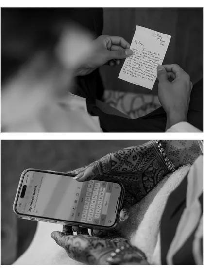 Before their nikaah, Reya and Sanad read letters to each other. This intimate moment, with Reya writing on her phone and Sanad on paper, is a modern take on a timeless expression of love.