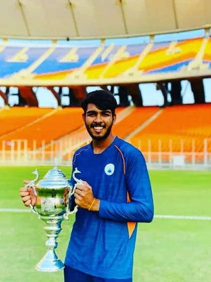 Our young gun Mayank Shandilya with a trophy. His consistent all-round performances in the Under-19 Cooch Behar trophy highlight the depth of talent at our academy.