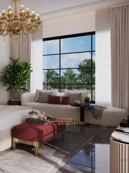 Subtle elegance and timeless comfort define this bedroom, which features a daybed by the large window, perfect for lounging and enjoying the view.