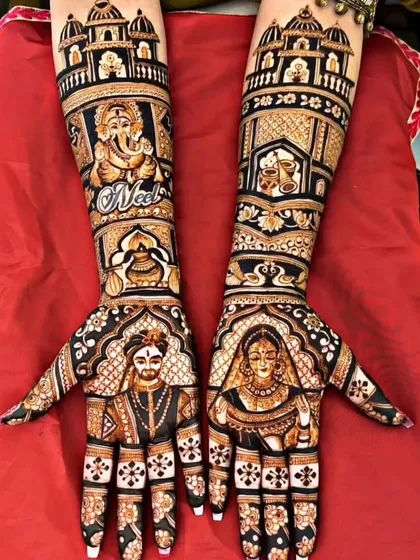 A personalized design featuring bride and groom portraits. I included a Ganesha motif for blessings and the groom's name, 'Neel', written clearly on the arm.