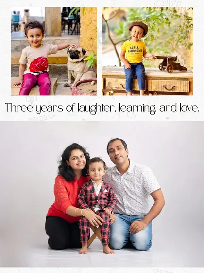 A collage from my son's third birthday, including a formal family portrait and playful outdoor shots. It’s a beautiful record of our family at that stage.