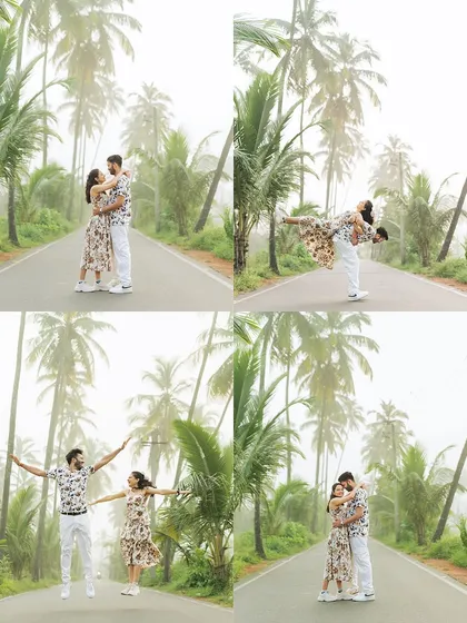 A quad-collage capturing all the fun and romance of a shoot on a palm-lined road, from jumping for joy to a sweet embrace.