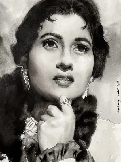 Brushstrokes of nostalgia. This monochrome demonstration captures the timeless beauty of Madhubala, focusing on the soft transitions of light and shadow that defined her iconic look.