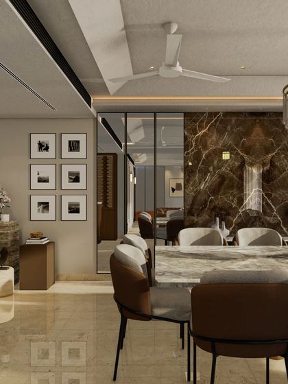 Another perspective of the dining concept, showing how a gallery wall of monochrome photographs can add a personal and artistic touch, balancing the grandeur of the marble and mirrors.