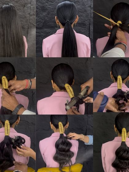 A step-by-step collage of the Hollywood waves ponytail. This visual guide makes it easy to follow the process from start to finish.