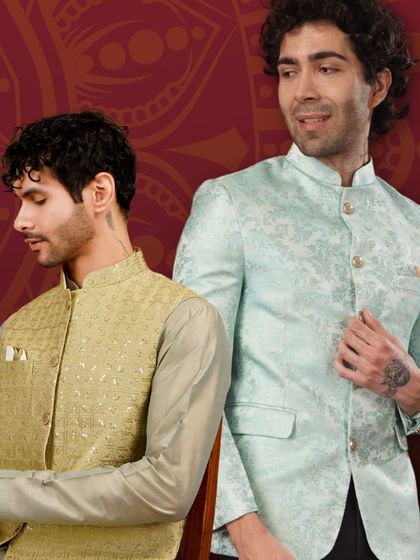 Redefine tradition with a modern twist. This image features a textured lime green Bandhgala and a pastel blue floral jacket, perfect for groomsmen or festive events.