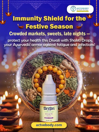 This image serves as a reminder to build your immunity shield for the festive season. With crowded markets and late nights, a few Shakti Drops can be your Ayurvedic armor against fatigue and infections.