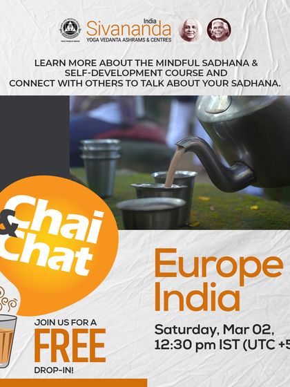 Join our free "Chai & Chat" online session. It's an informal opportunity to connect with our teachers and fellow yoga practitioners from Europe and India to discuss your practice and learn about our courses.