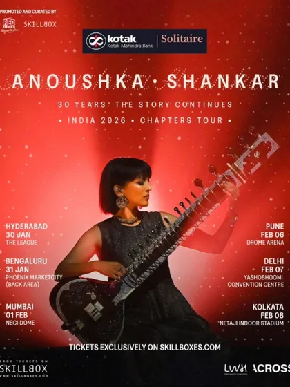 The official tour poster for Anoushka Shankar's '30 Years: The Story Continues' Chapters Tour across India.