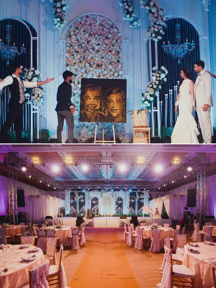 A collage showing a unique entertainment moment where an artist creates a glitter portrait of the couple live on stage, and a wide shot of the elegant reception hall.