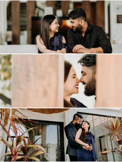 A photo series from a modern pre-wedding shoot at a resort or villa. It showcases different settings, from a bright indoor space to an outdoor patio, capturing both posed and candid romantic moments.
