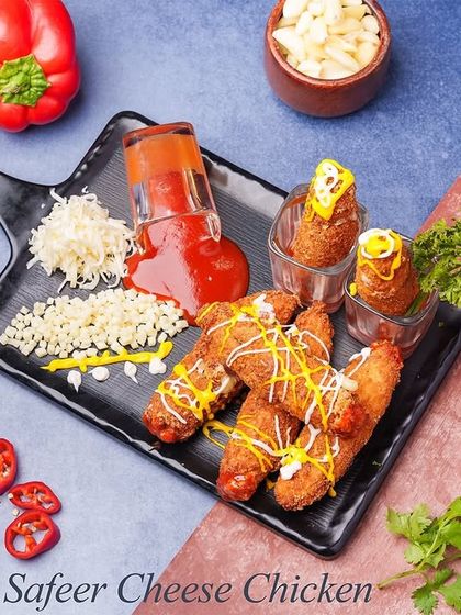 The Safeer Cheese Chicken is presented as crispy fried chicken fingers, perfect for dipping. They come with a shot of our chef's special sauce and a side of cheese, allowing you to customize each bite.