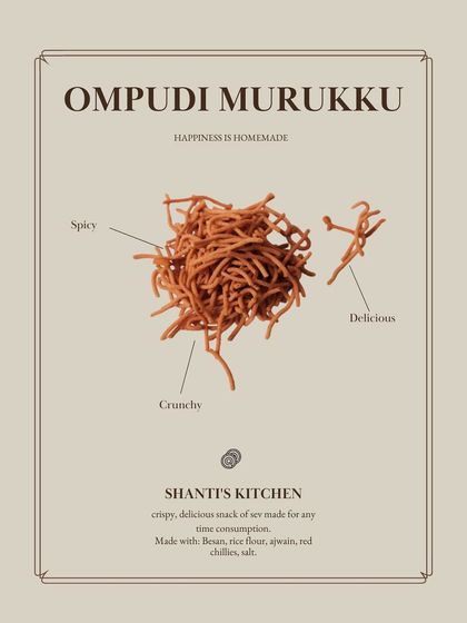 This is my Ompudi Murukku, a delicate sev flavored with ajwain for a unique, aromatic taste. It's spicy, crunchy, and delicious, perfect for sprinkling over other dishes or enjoying on its own.