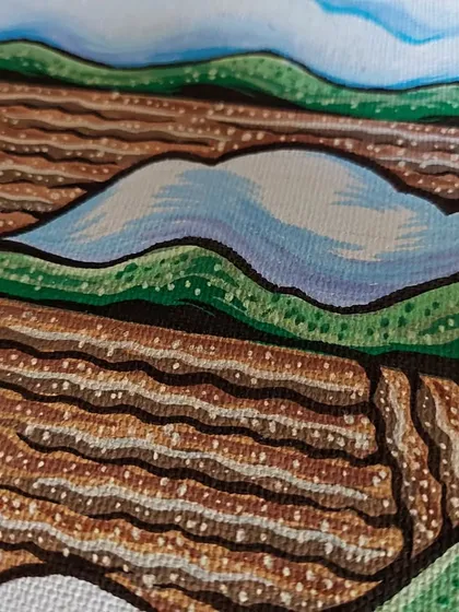 A macro shot of the painting, highlighting the wavy lines and patterns I used to represent the fields and hills.