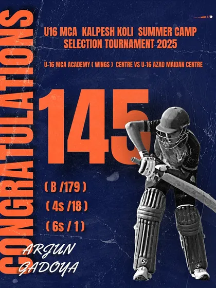 Results are everything. Here's one of our top performers, Arjun Gadoya, celebrating a massive 145-run knock in the U16 MCA Kalpesh Koli Summer Camp Selection Tournament. This is the kind of match-winning performance we train our players to deliver under pressure.