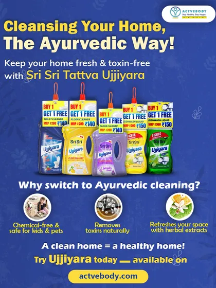 I believe in cleansing your home the Ayurvedic way. This image displays the full range of Sri Sri Tattva Ujjiyara cleaners, explaining that this chemical-free solution is safe for kids and pets and refreshes your space with herbal extracts.