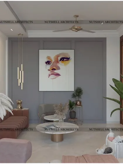 A cozy seating nook within the bedroom, featuring a plush pink sofa and a striking feather floor lamp. A large piece of abstract portrait art adds a sophisticated, personal touch to the room.