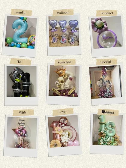 A polaroid-style collage showcasing nine of our unique and special balloon bouquets. It's a great way to see the variety of custom gifts we can create.