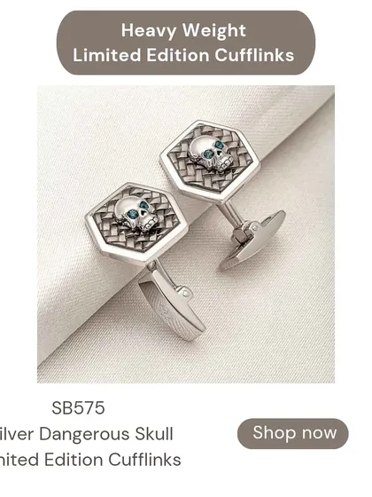A variation of my skull cufflinks, this pair is crafted in pure 92.5 silver and features a "dangerous skull" design with sparkling stone eyes. A perfect accessory for a modern, stylish man.