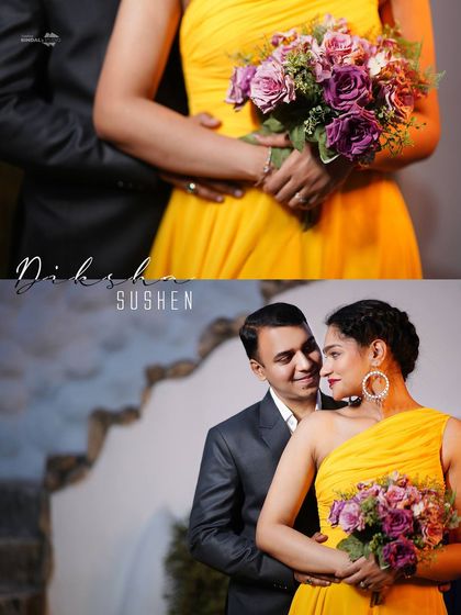 A diptych highlighting the details of the bride-to-be's one-shoulder yellow gown and the loving gaze shared between the couple.