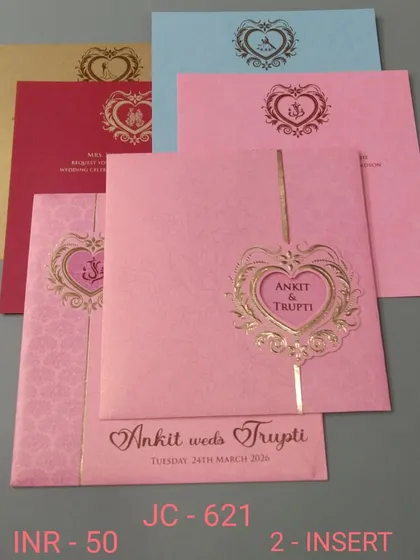 This heart-themed invitation is available in a variety of fun colors like pink, red, and blue. It's a sweet and affordable choice for announcing your wedding.
