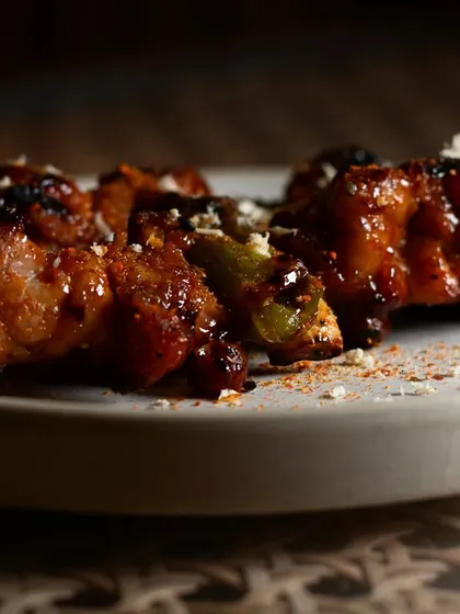 Yakitori skewers with a beautiful char, plated simply to let the food shine. This shot is a result of a collaboration between Pahli Hill Bandra Bhai and Flesh and Buns.