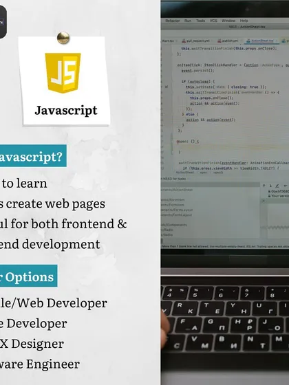 This graphic explains the benefits of learning JavaScript, the language of the web. It's essential for both frontend and backend development and opens up careers in web, mobile, and game development.
