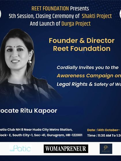 The official invitation for the Reet Foundation's awareness campaign on the legal rights and safety of women, marking the transition from Project 'SHAKTI' to Project 'DURGA'.
