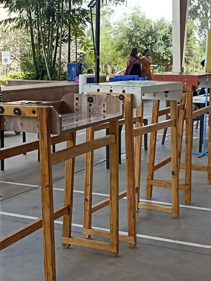 A lineup of the finished adjustable-height standing desks. Each student was able to customize their desk to their own height and needs.