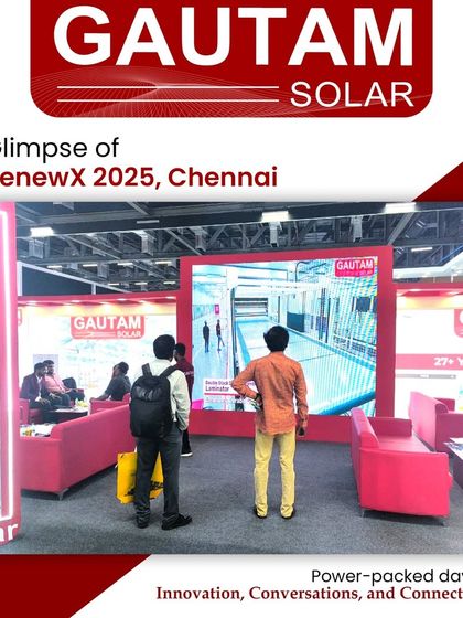 Visitors at our RenewX 2025 booth in Chennai watch a presentation on our advanced solar manufacturing capabilities. We are committed to sharing our technology and vision for India's solar future.
