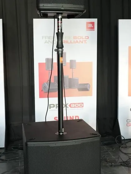 A closer look at the JBL EON ONE and PRX series speakers set up for a demo. These portable PA systems are perfect for DJs, musicians, and corporate presentations, offering a plug-and-play solution without compromising on audio quality.
