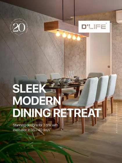 This sleek modern dining retreat, with its clean lines and warm lighting, can be yours with my stunning design packages, executed in just 35-40 days.