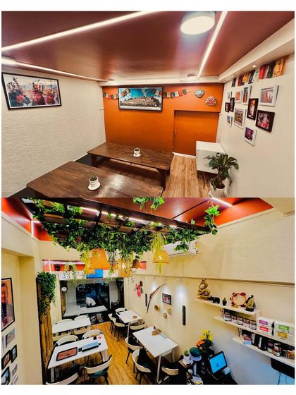 Our dining space is designed to be cozy and intimate. The top image shows our traditional low-seating area for a more authentic experience, while the bottom image gives a view of the main dining floor, decorated with greenery and warm lighting.