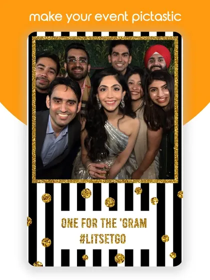 We design custom photo strip templates to match any event style, like this chic black, white, and gold design. It's the perfect way to give your guests a stylish, Instagram-worthy memento from your celebration.