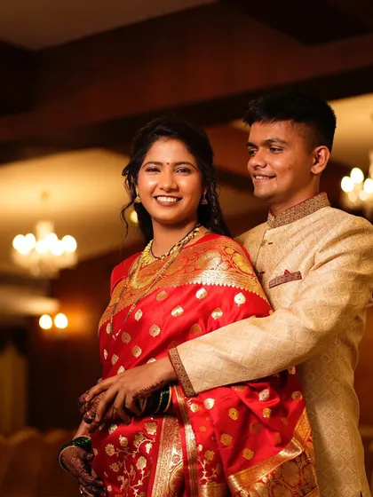 A happy couple, a beautiful memory. This photo was taken after the complete bridal transformation, showcasing the bride's radiant look next to her partner.