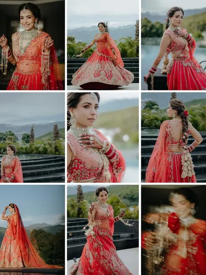 This collage is a celebration of the bride. It showcases her in her beautiful red lehenga from multiple angles against the scenic Dehradun backdrop, capturing her elegance, joy, and the details of her bridal look.