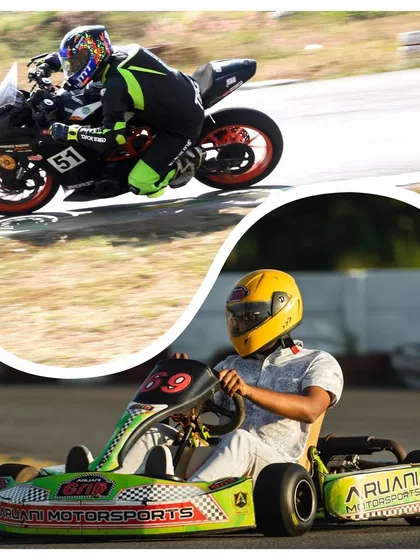 A collage showcasing the two main attractions at our track: high-speed motorcycle track days and competitive go-karting. We offer the best of both worlds for speed enthusiasts.