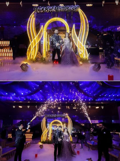Capturing the grand entrance at an engagement party. This collage shows the couple making their way through smoke and sparklers, creating a truly spectacular and memorable start to their celebration.