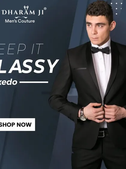 A marketing graphic for my classic black tuxedo collection. A timeless piece that is essential for every man's wardrobe.