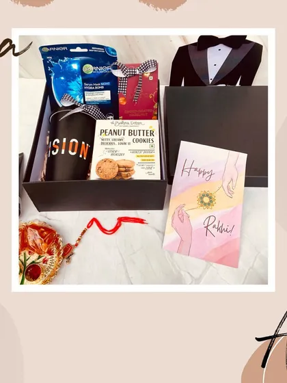 A complete look at our Rakhi hamper for your bhaiya, featuring the tuxedo box, grooming essentials, and a traditional Rakhi thali.