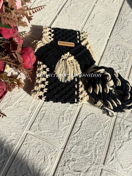 For a classic look, my black and beige macrame sling bag is a perfect choice. The contrast makes the knot work really stand out.