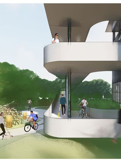 This rendering highlights the ramps designed for active mobility at the COE. The circulation system encourages walking, cycling, and wheelchair use, reducing dependency on motorized transport.